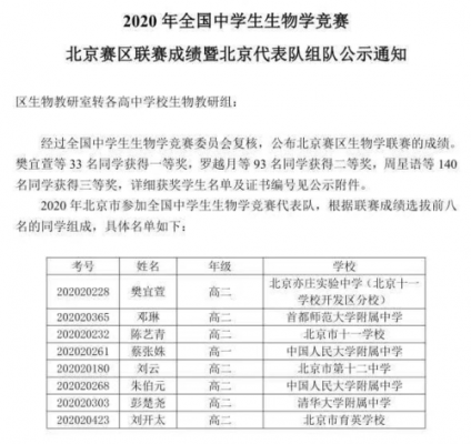北京生物竞赛省队名单（北京生物竞赛省队名单最新）