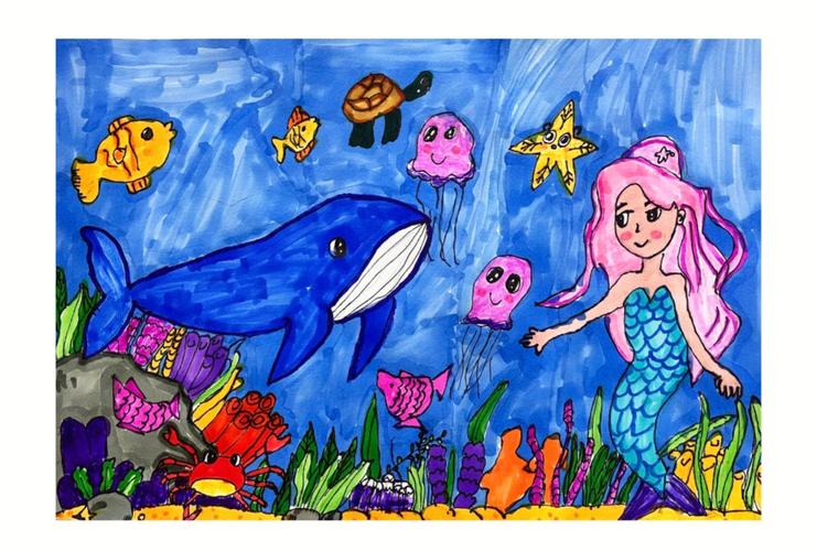 蓝色海洋小学生画（蓝色海洋儿童画复杂画）